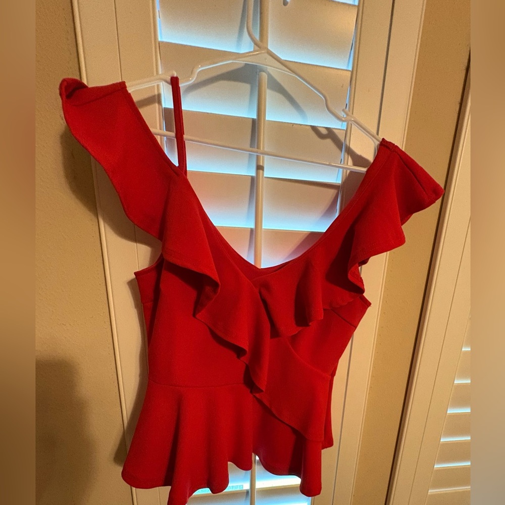 She + Sky Red Ruffled Peplum Blouse
